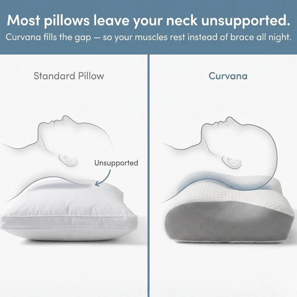 Comparison of a standard pillow and Curvana cervical neck pillow showing neck support.