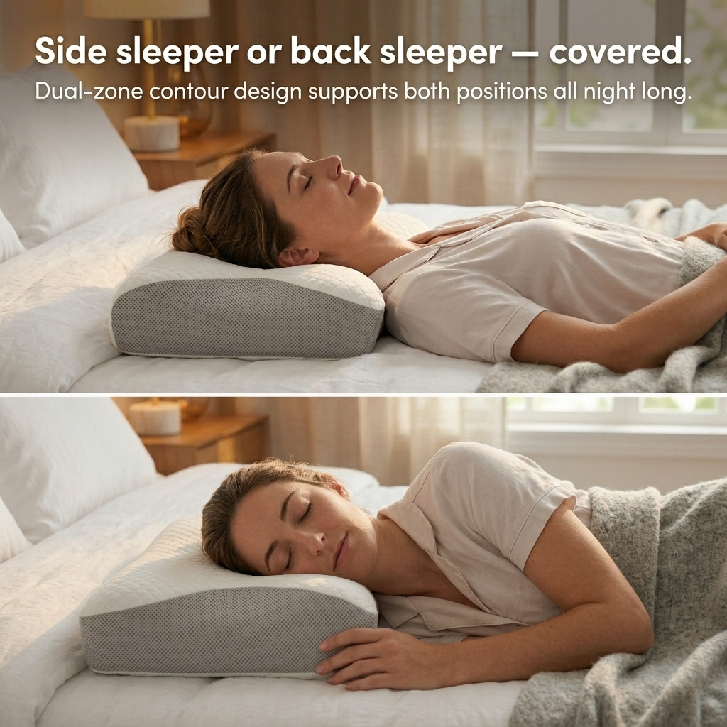 Woman sleeping on a bed with a dual-zone contour cervical neck pillow, surrounded by soft bedding.