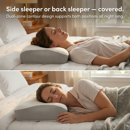 Woman sleeping on a bed with a dual-zone contour cervical neck pillow, surrounded by soft bedding.