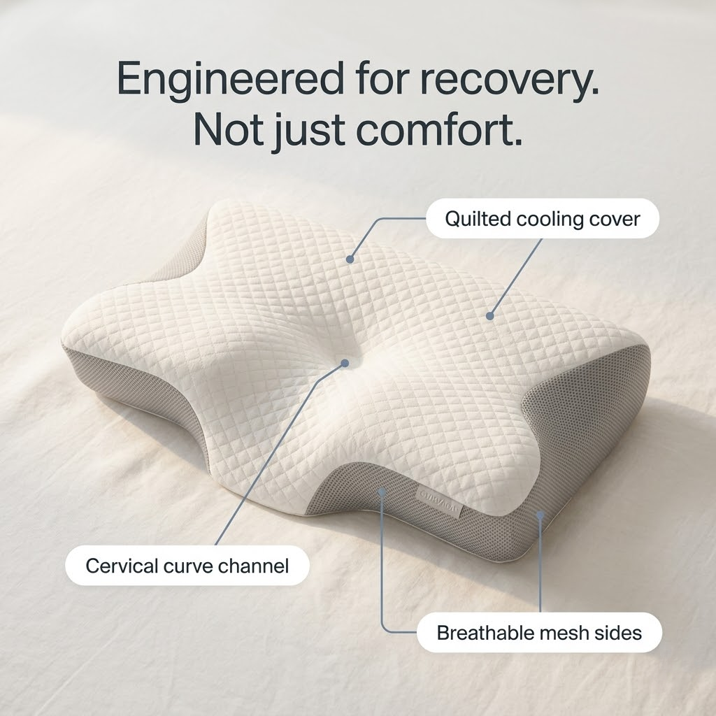 Ergonomic cervical neck pillow with features highlighted on a neutral background