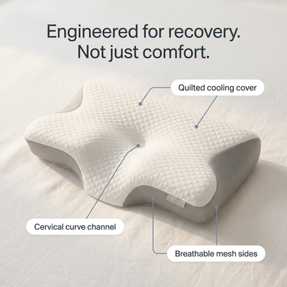 Ergonomic cervical neck pillow with features highlighted on a neutral background