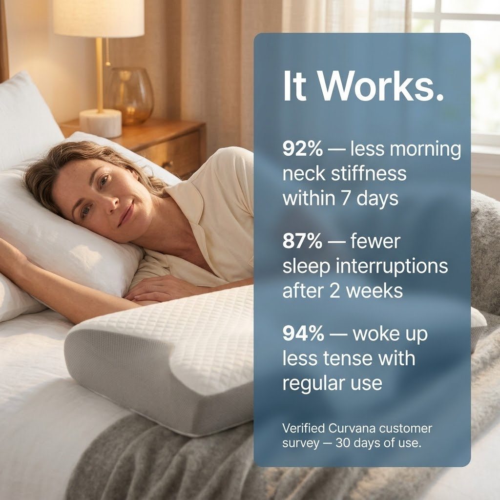 Woman lying in bed with a cervical neck pillow, with a blue text box displaying product benefits.