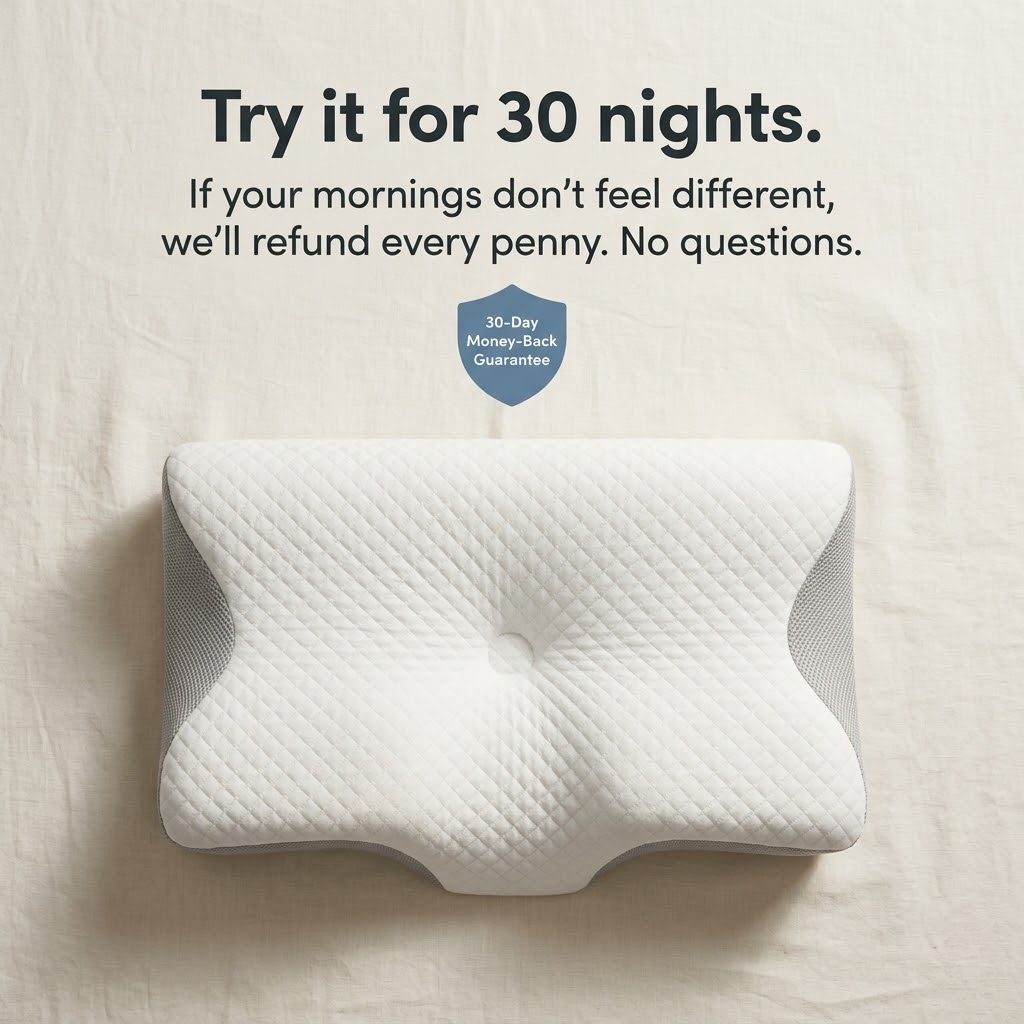 White cervical neck pillow on a beige background with text about a 30-night money-back guarantee.
