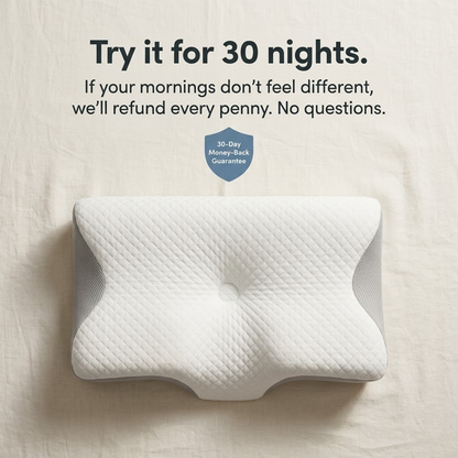 White cervical neck pillow on a beige background with text about a 30-night money-back guarantee.